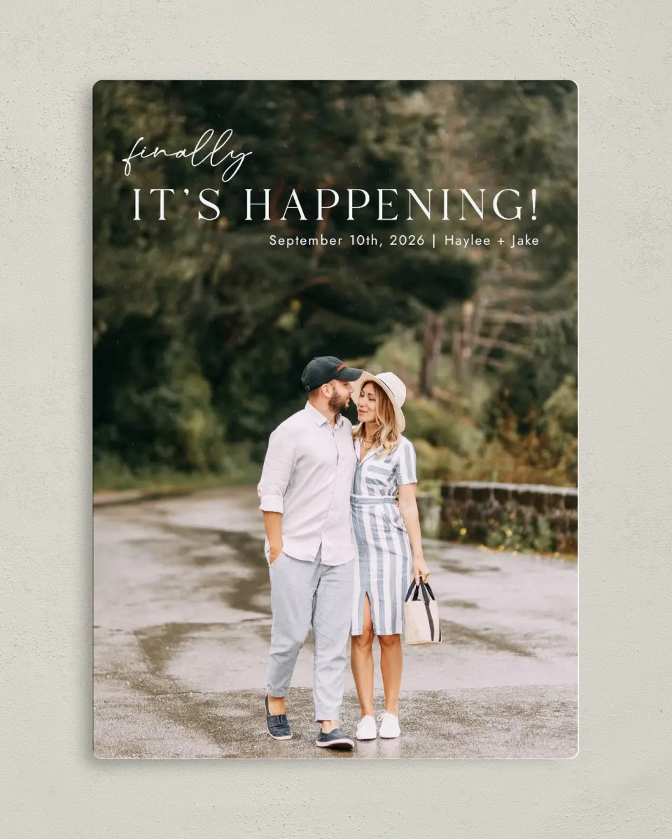This is a 5" x 7" Save the Date Magnet called Peppy Proclamation printed in full color with a Luxe Satin finish