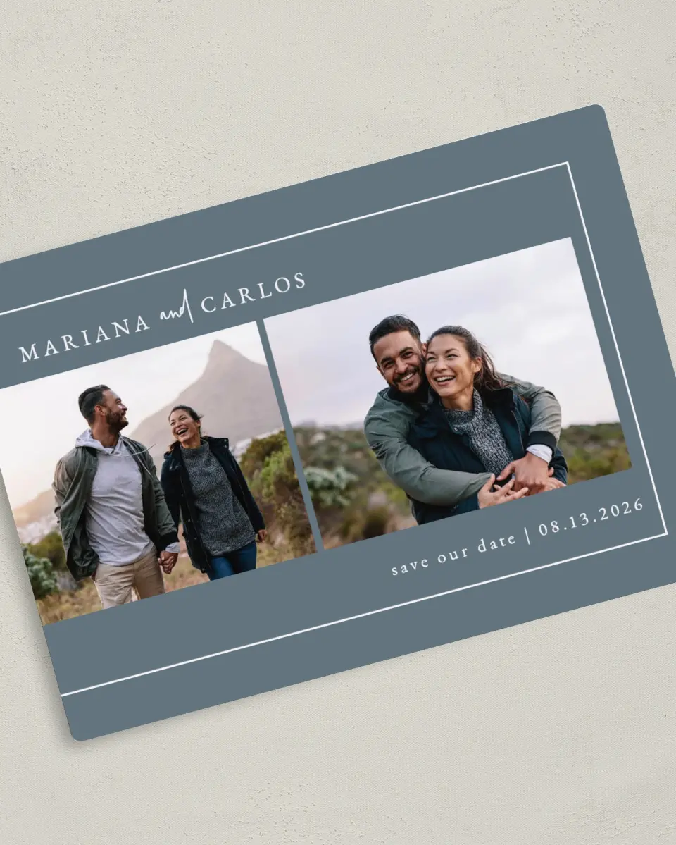 This is a 5" x 7" Save the Date Magnet called Breathtaking Border printed in full color with a Luxe Satin finish