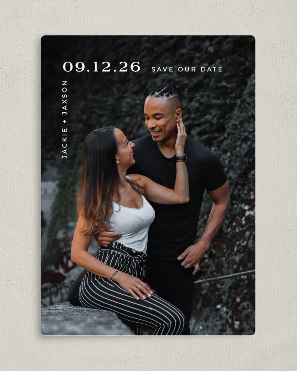 This is a 5" x 7" Save the Date Magnet called Love's Intersection printed in full color with a Luxe Satin finish