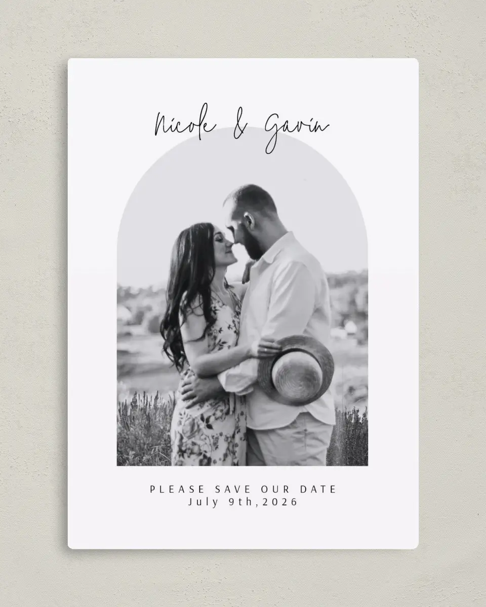 This is a 5" x 7" Save the Date Magnet called Love's Archway printed in full color with a Luxe Satin finish