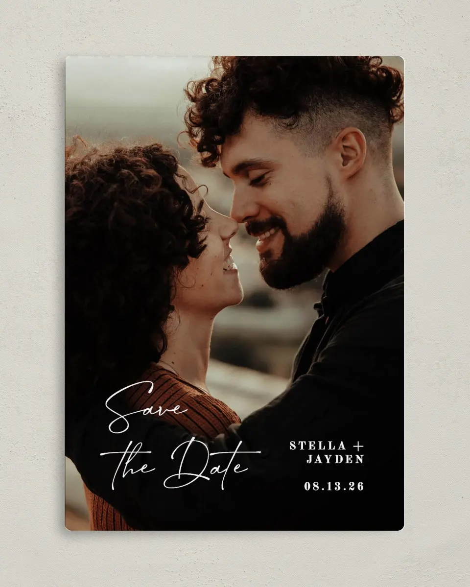 This is a 5" x 7" Save the Date Magnet called Delicate Treasure printed in full color with a Luxe Satin finish