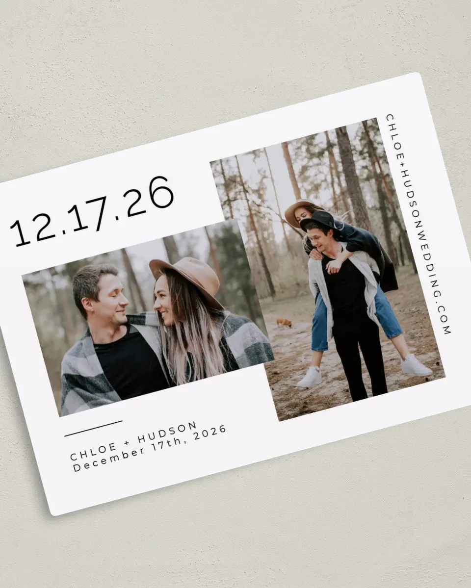 This is a 5" x 7" Save the Date Magnet called Fresh Date printed in full color with a Luxe Satin finish