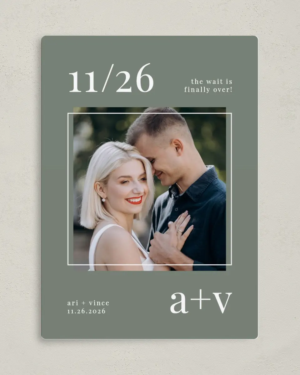 This is a 5" x 7" Save the Date Magnet called Darling Digest printed in full color with a Luxe Satin finish