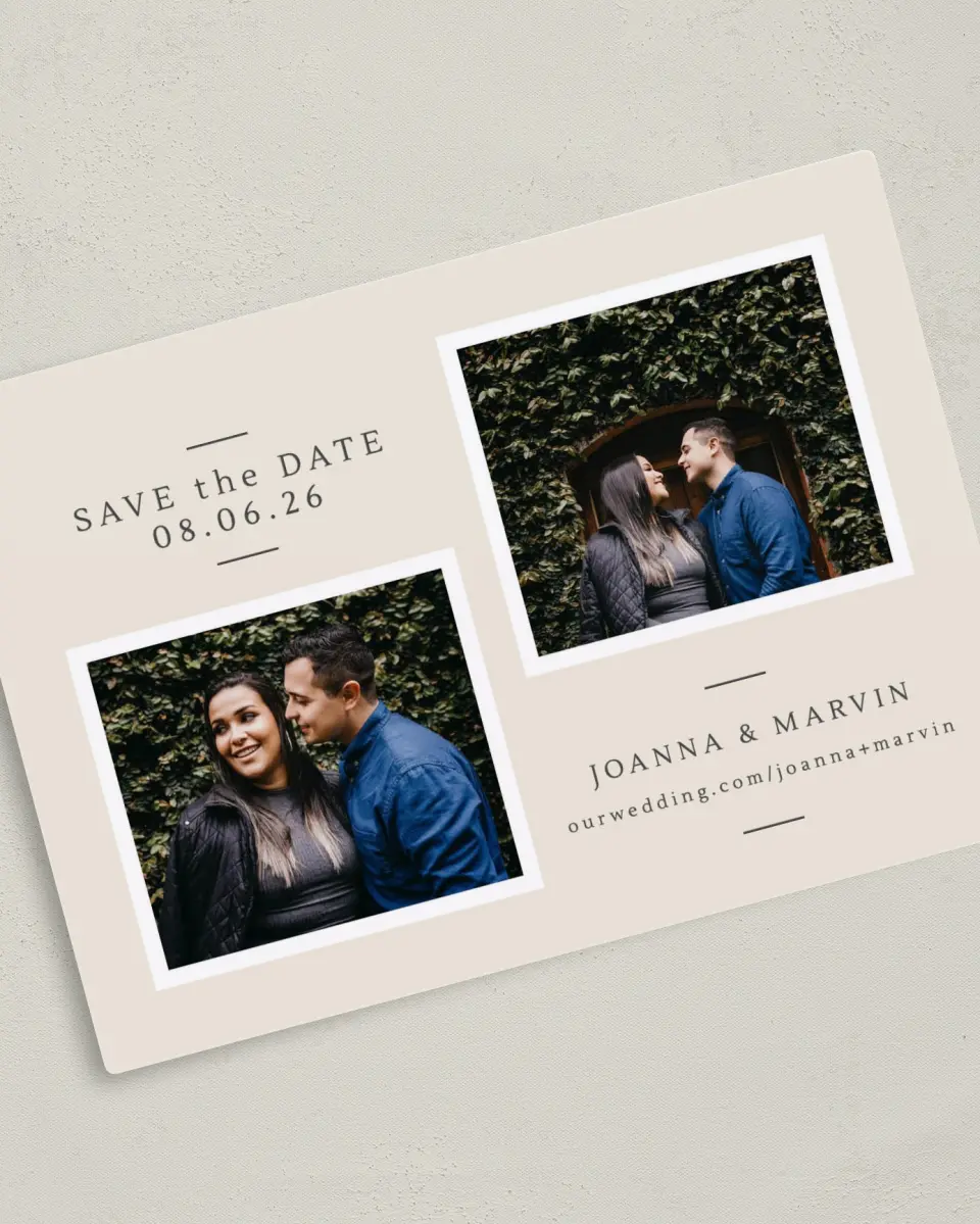 This is a 5" x 7" Save the Date Magnet called Precious Pair printed in full color with a Luxe Satin finish