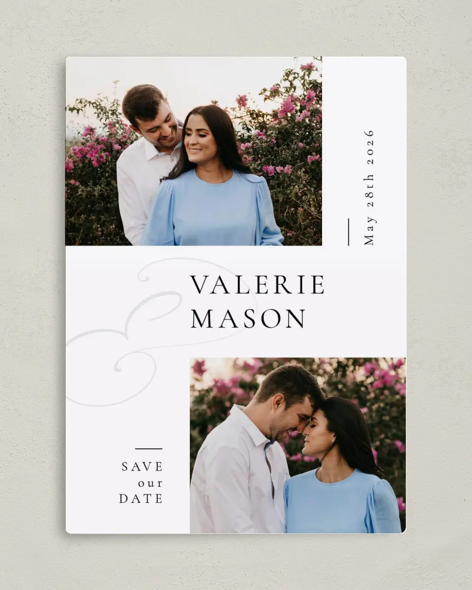 This is a 5" x 7" Save the Date Magnet called And Love printed in full color with a Luxe Satin finish