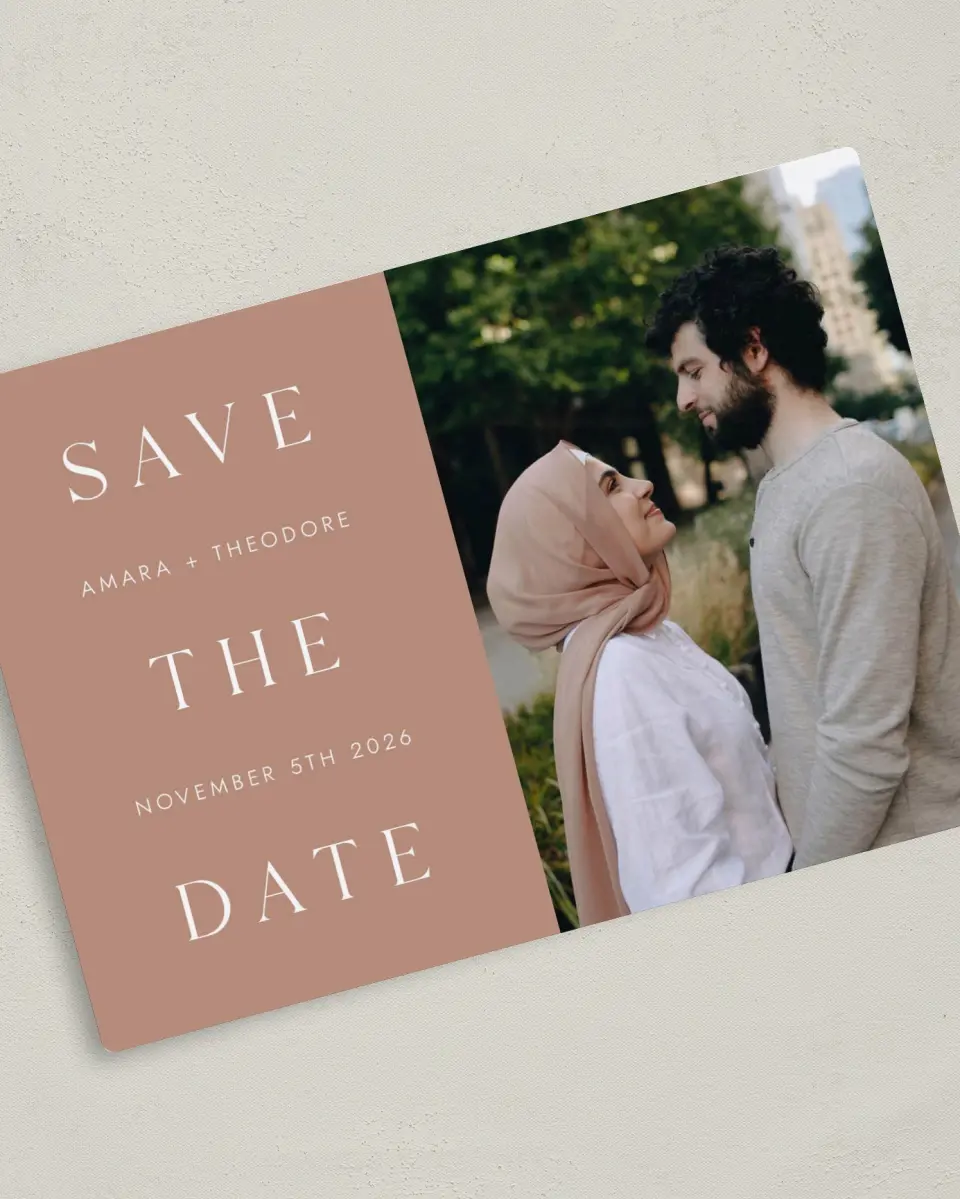 This is a 5" x 7" Save the Date Magnet called Stacked Pair printed in full color with a Luxe Satin finish