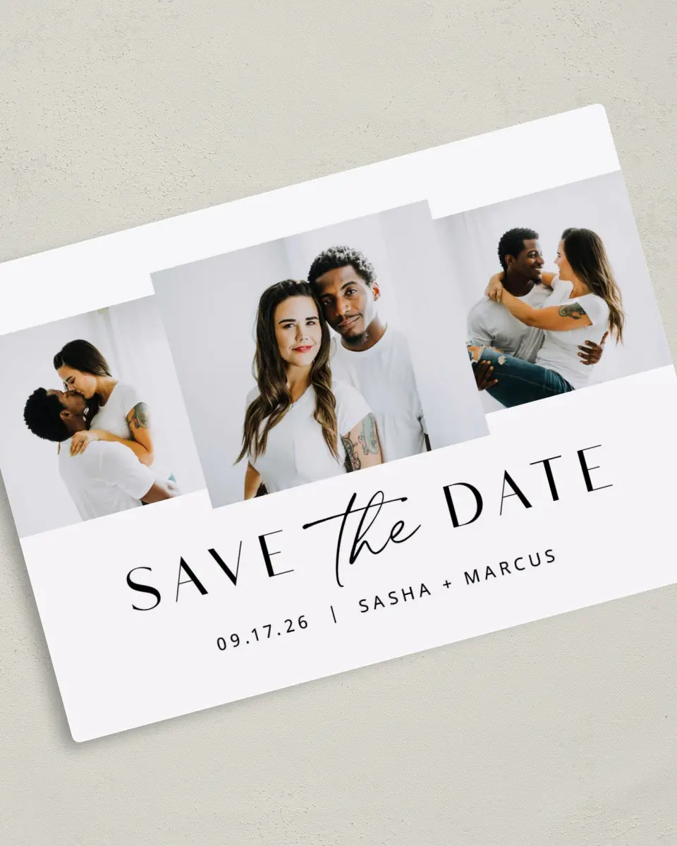 This is a 5" x 7" Save the Date Magnet called Tender Trio printed in full color with a Luxe Satin finish