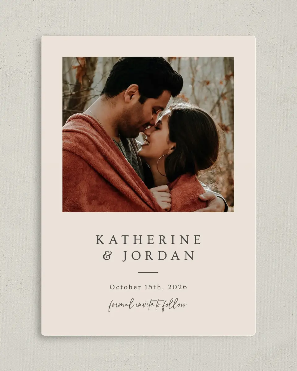 This is a 5" x 7" Save the Date Magnet called Wrapped in Love printed in full color with a Luxe Satin finish