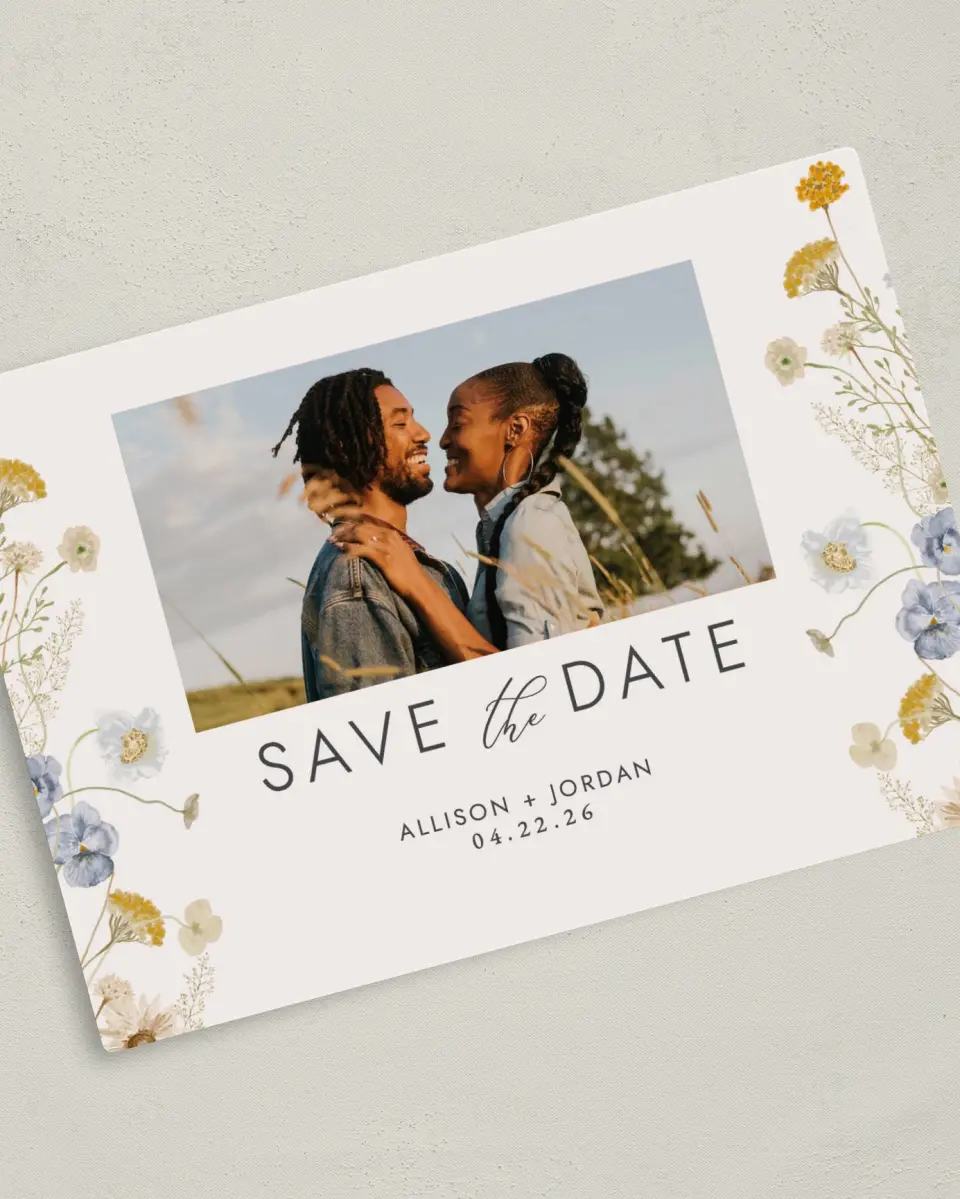 This is a 5" x 7" Save the Date Magnet called Tender Blooms printed in full color with a Luxe Satin finish