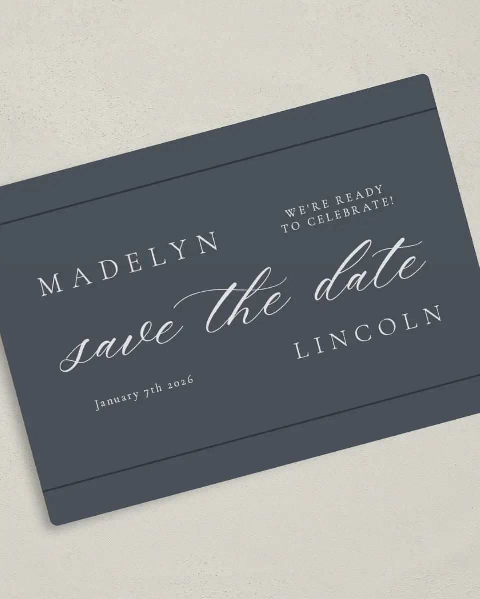 This is a 5" x 7" Save the Date Magnet called Subtle Wreath printed in full color with a Luxe Satin finish