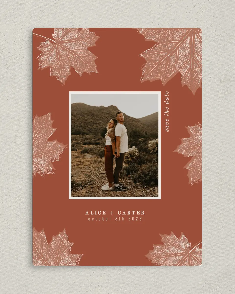 This is a 5" x 7" Save the Date Magnet called Turning Leaves printed in full color with a Luxe Satin finish