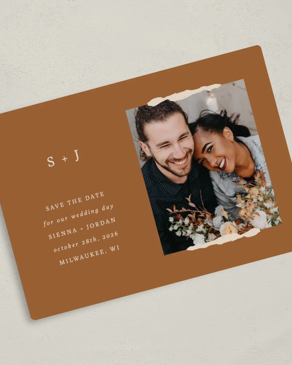 This is a 5" x 7" Save the Date Magnet called Threads of Love printed in full color with a Luxe Satin finish