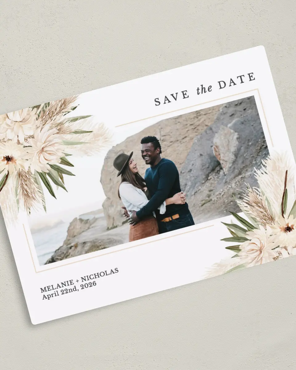 This is a 5" x 7" Save the Date Magnet called Natural Boho printed in full color with Silver foil and a Luxe Satin finish