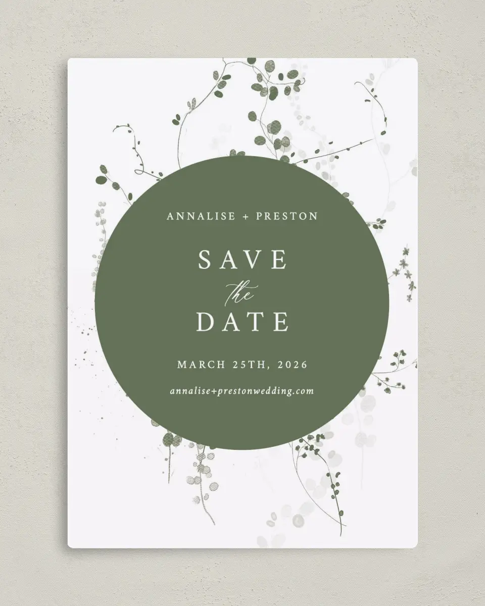 This is a 5" x 7" Save the Date Magnet called Fresh Tendrils printed in full color with Silver foil and a Luxe Satin finish