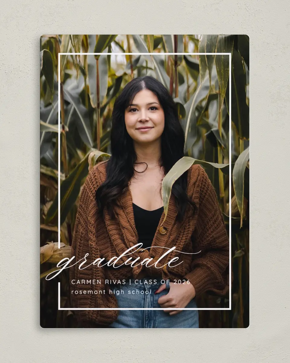 This is a 5" x 7" Graduation Announcement Magnet called Brilliant Border printed in full color with a Luxe Satin finish
