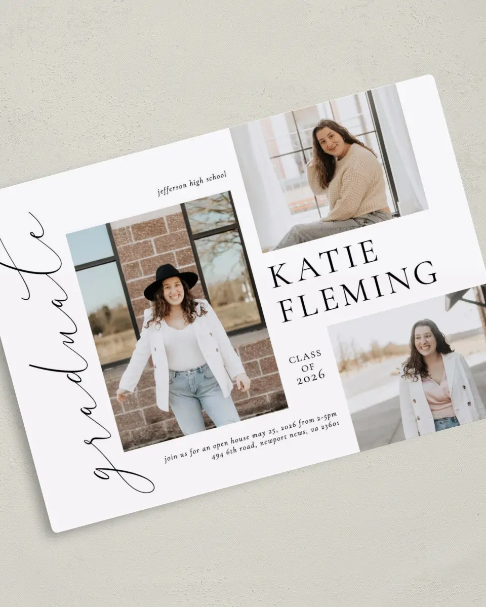 This is a 5" x 7" Graduation Announcement Magnet called Chic Three printed in full color with a Luxe Satin finish