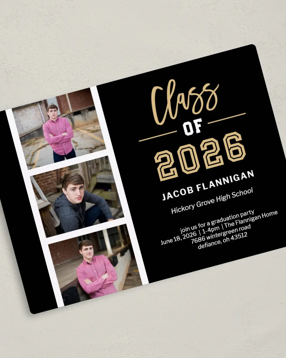 This is a 5" x 7" Graduation Announcement Magnet called Stacked Snapshots printed in full color with a Luxe Satin finish