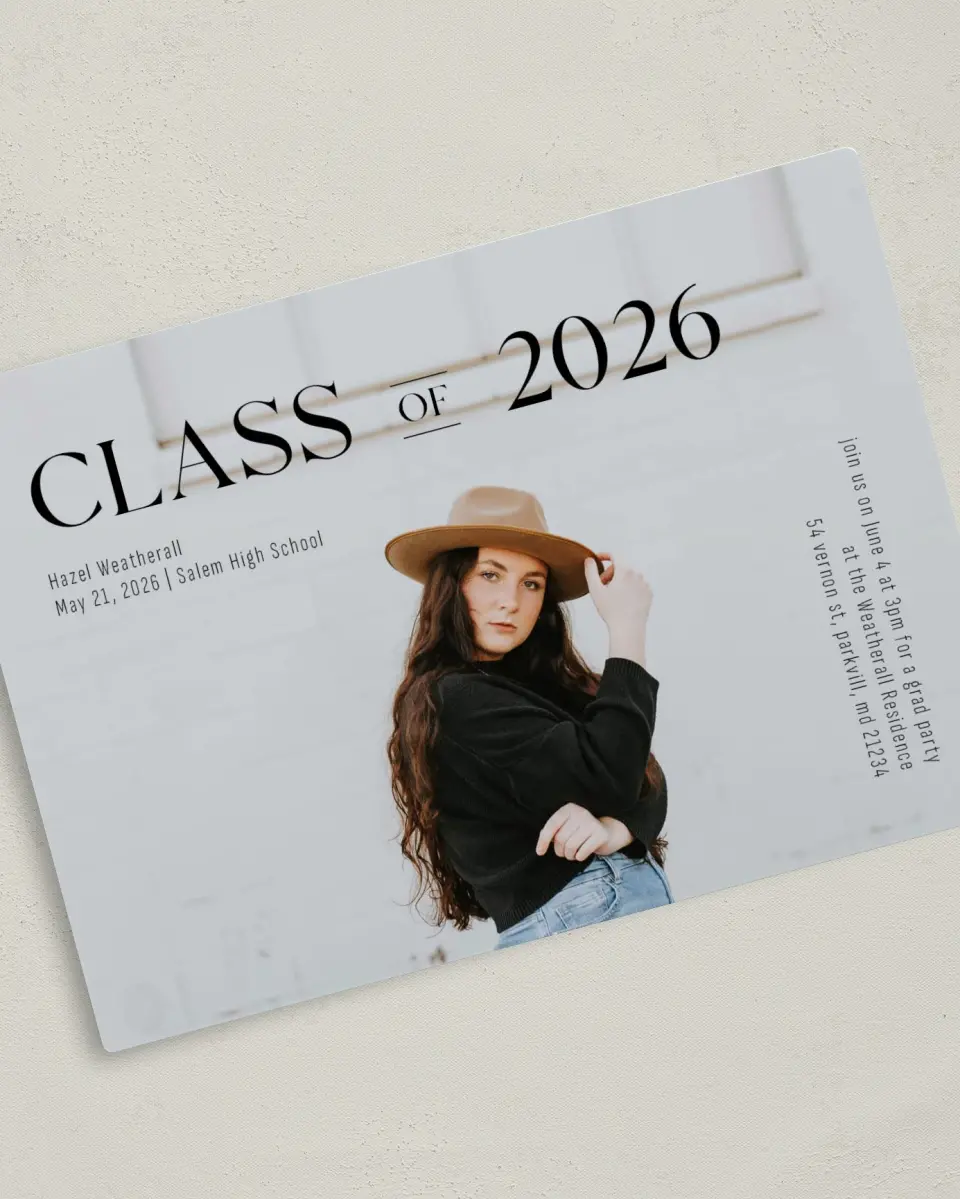 This is a 5" x 7" Graduation Announcement Magnet called Class Of printed in full color with a Luxe Satin finish