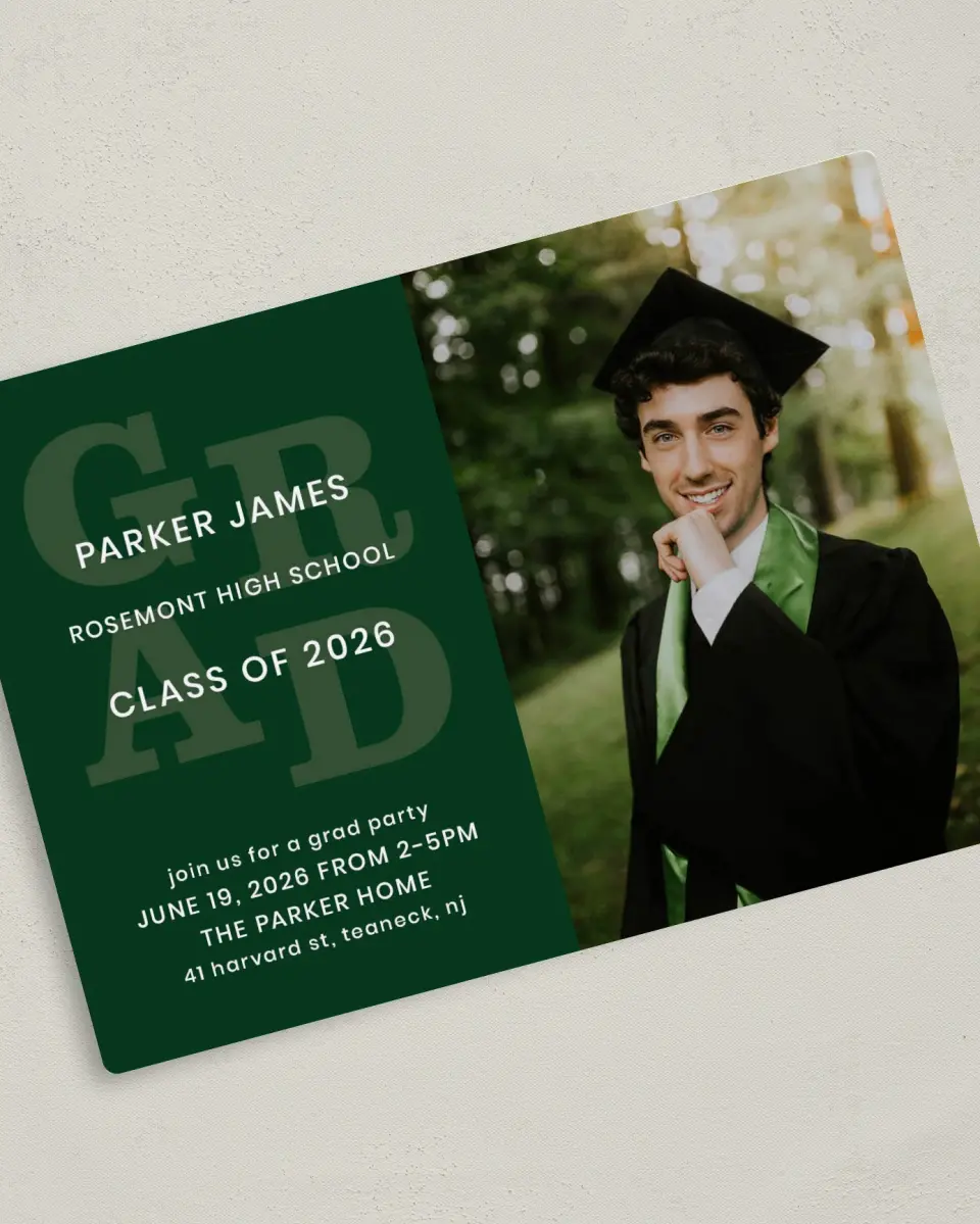 This is a 5" x 7" Graduation Announcement Magnet called Layered Grad printed in full color with a Luxe Satin finish