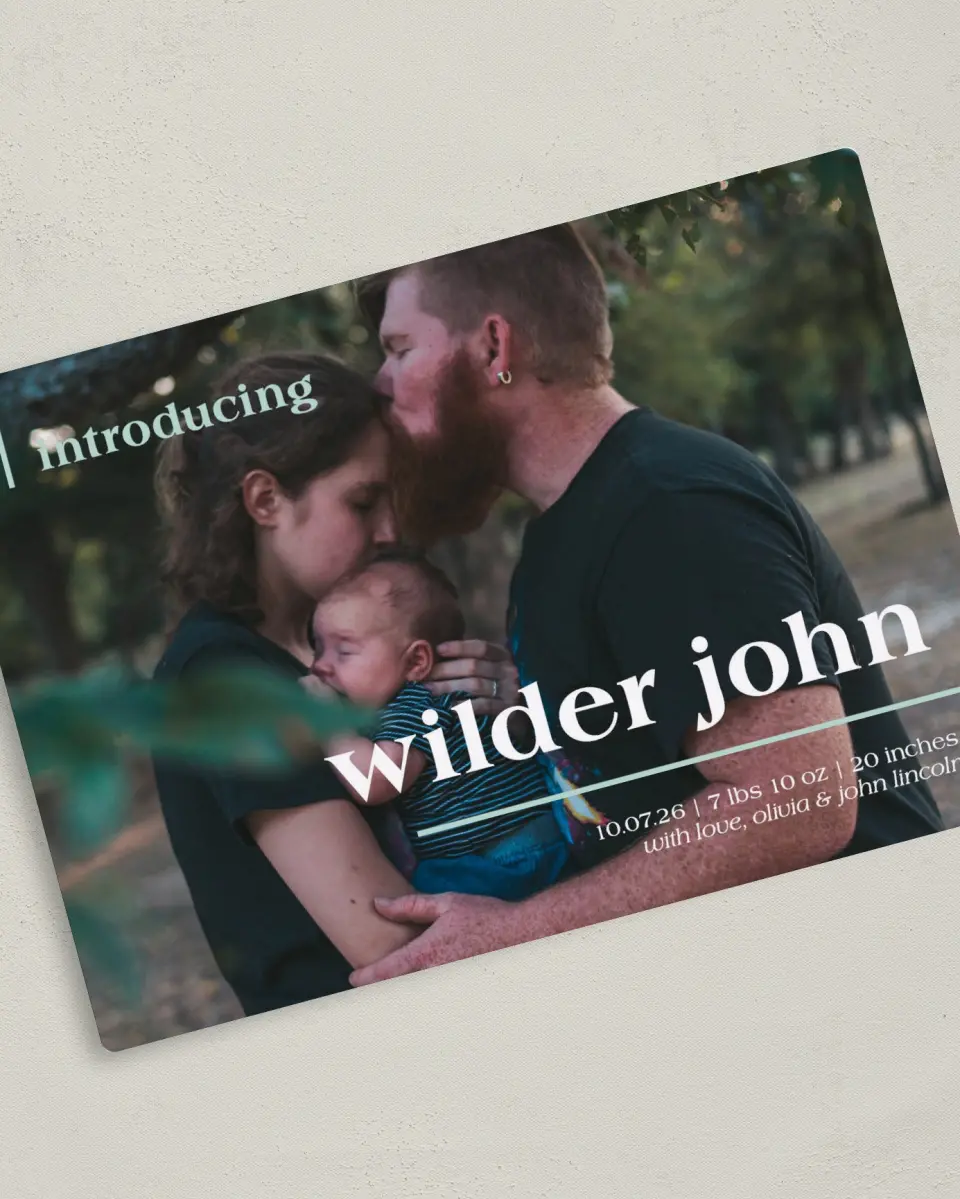 This is a 5" x 7" Birth Announcement Magnet called Introducing Babe printed in full color with Silver foil and a Luxe Satin finish