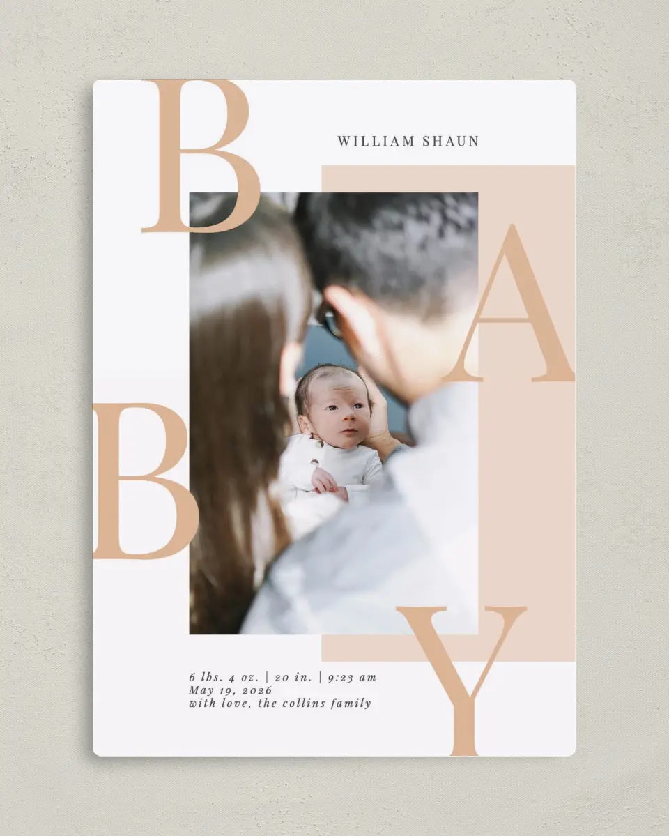 This is a 5" x 7" Birth Announcement Magnet called Baby Case printed in full color with Gold foil and a Luxe Satin finish