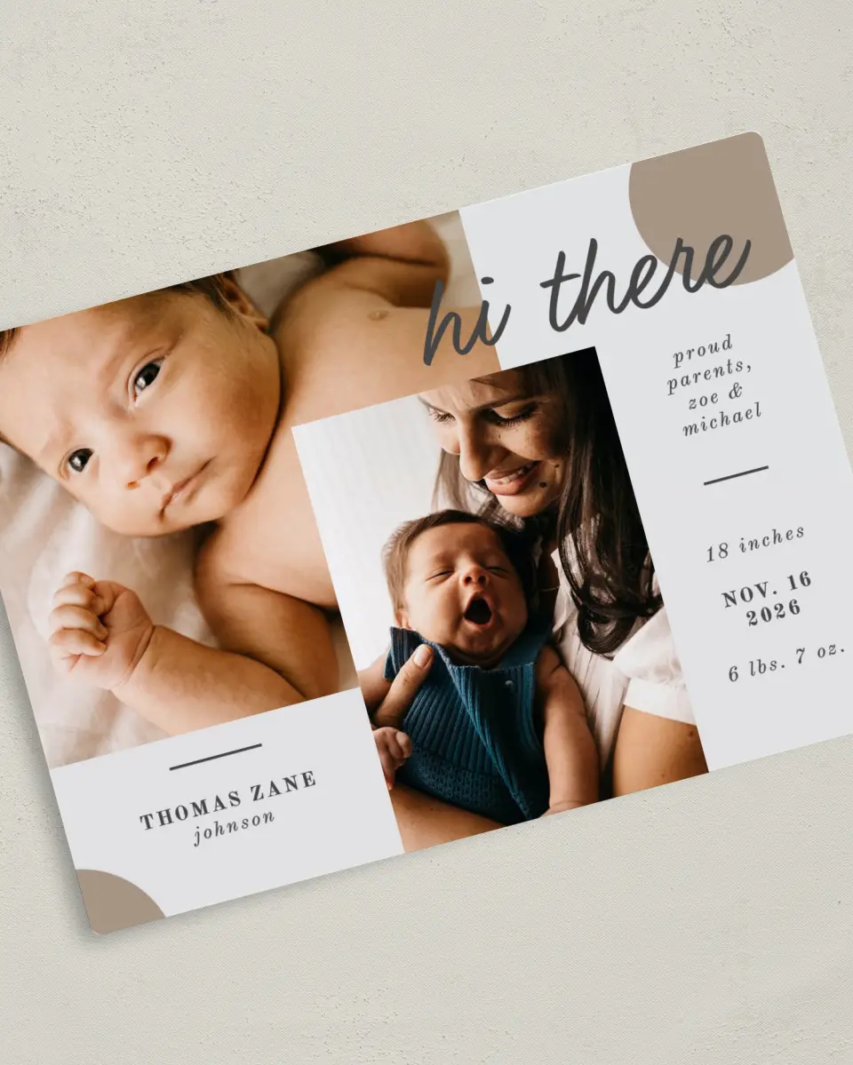 This is a 5" x 7" Birth Announcement Magnet called Modern Spots printed in full color with Gold foil and a Luxe Satin finish