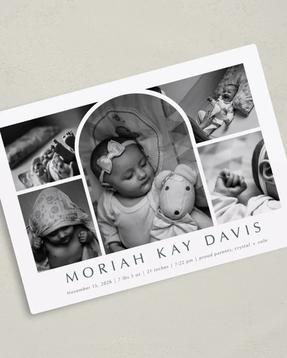 This is a 5" x 7" Birth Announcement Magnet called Photo Arch printed in full color with a Luxe Satin finish
