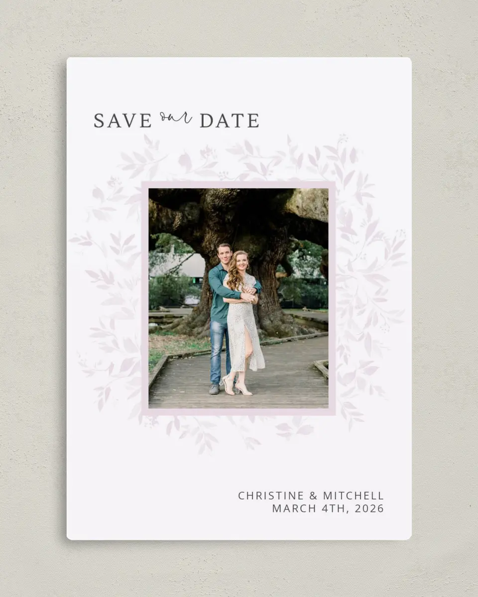 This is a 5" x 7" Save the Date Magnet called Lush Leaves printed in full color with Silver foil and a Luxe Satin finish