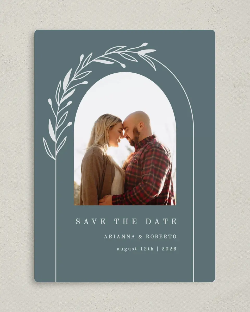 This is a 5" x 7" Save the Date Magnet called Growing Arc printed in full color with Silver foil and a Luxe Satin finish