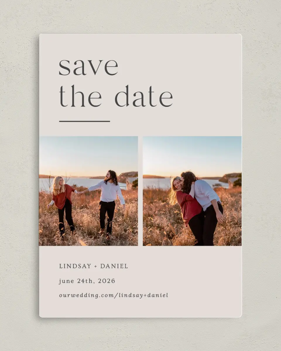 This is a 5" x 7" Save the Date Magnet called Simple Gathering printed in full color with a Luxe Satin finish