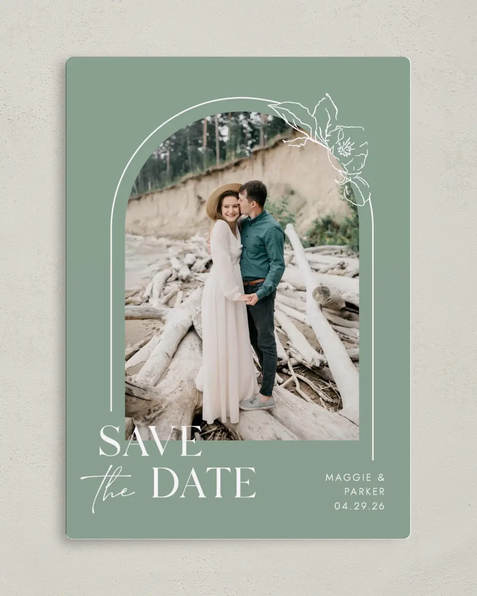 This is a 5" x 7" Save the Date Magnet called Blossoming Arch printed in full color with a Luxe Satin finish