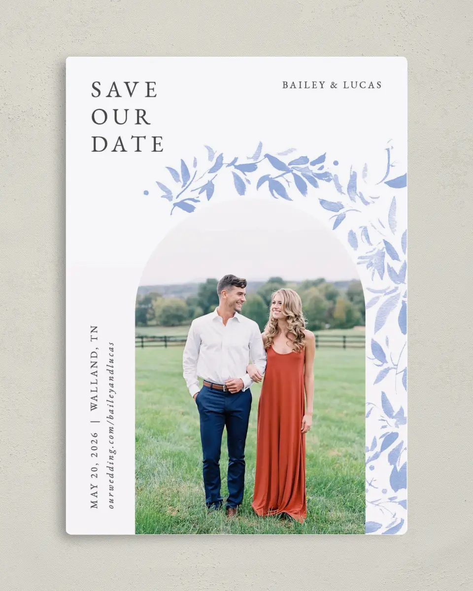 This is a 5" x 7" Save the Date Magnet called Soft Botanics printed in full color with a Luxe Satin finish