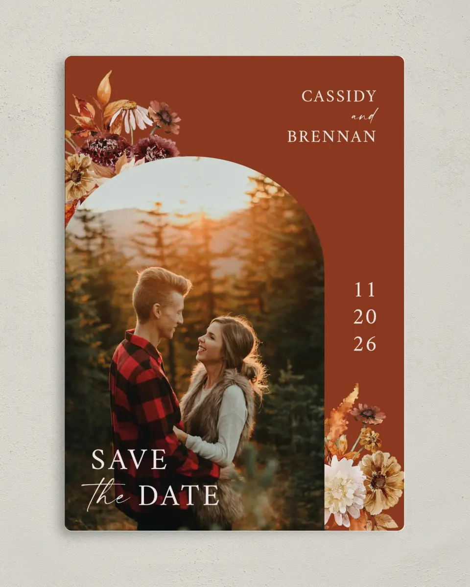 This is a 5" x 7" Save the Date Magnet called Autumn Florals printed in full color with Silver foil and a Luxe Satin finish