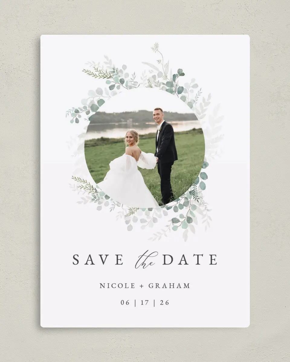 This is a 5" x 7" Save the Date Magnet called Elegant Greenery printed in full color with Silver foil and a Luxe Satin finish