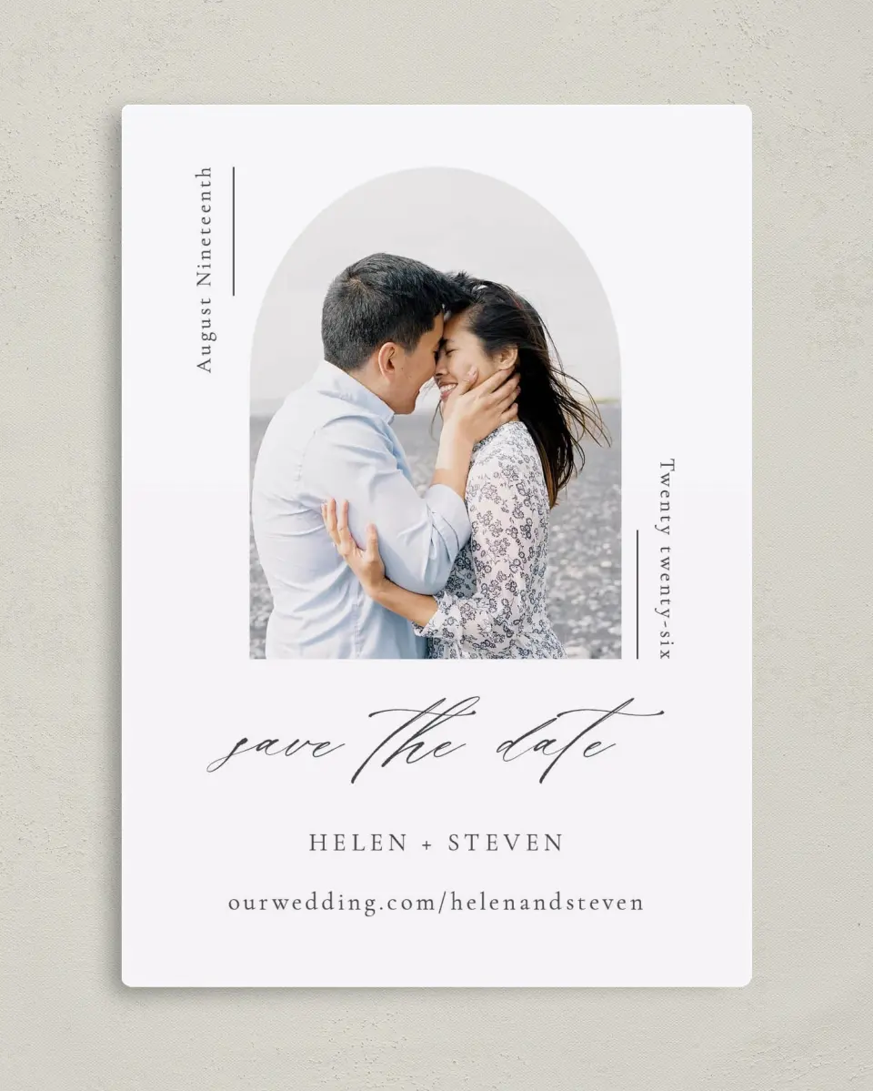 This is a 5" x 7" Save the Date Magnet called Quiet Scene printed in full color with a Luxe Satin finish