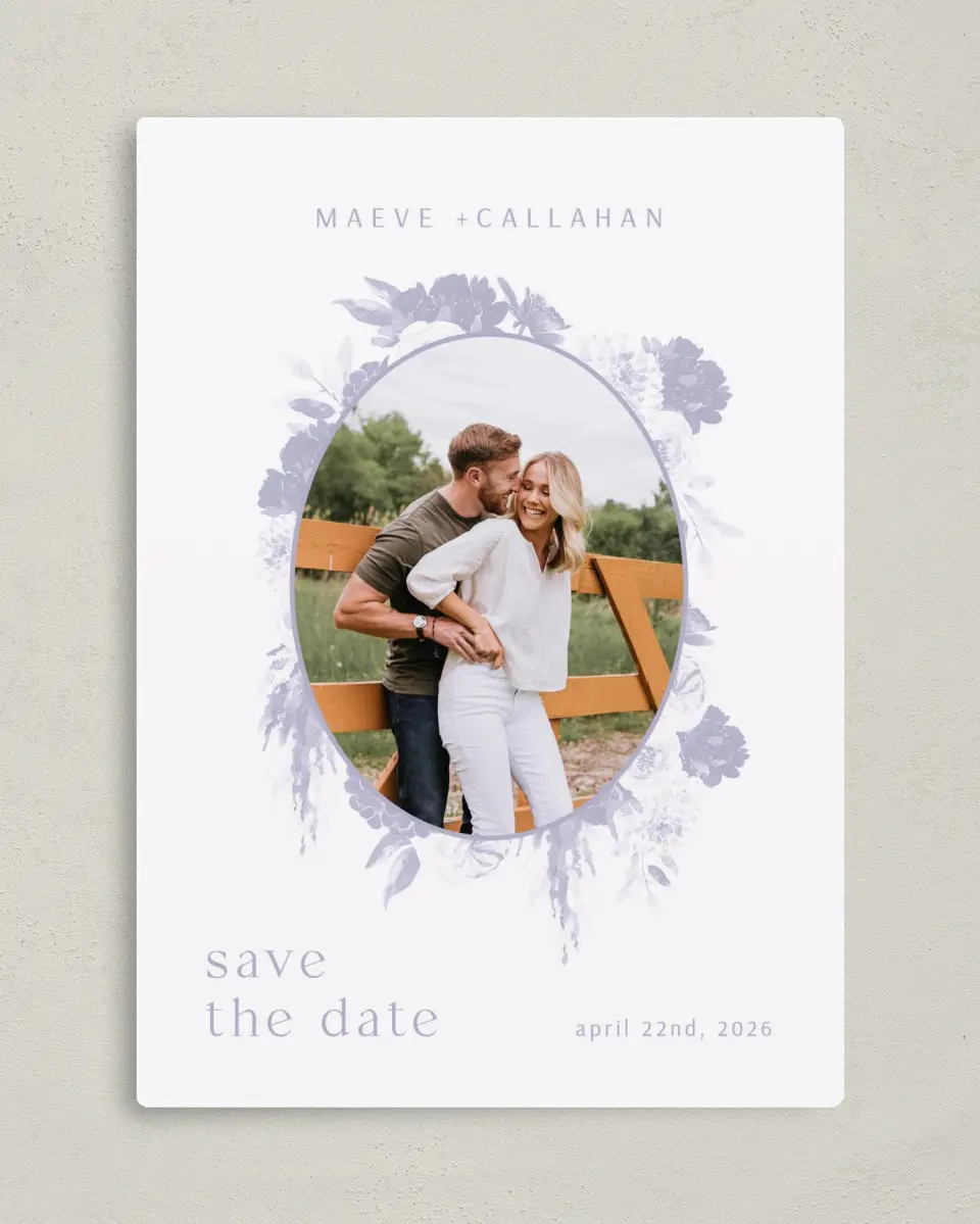 This is a 5" x 7" Save the Date Magnet called Sweet Botanical printed in full color with a Luxe Satin finish