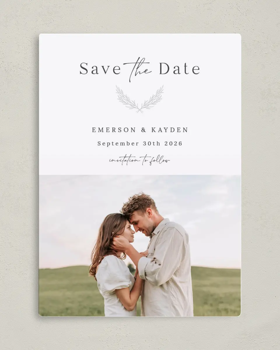 This is a 5" x 7" Save the Date Magnet called Soft Sprig printed in full color with Silver foil and a Luxe Satin finish