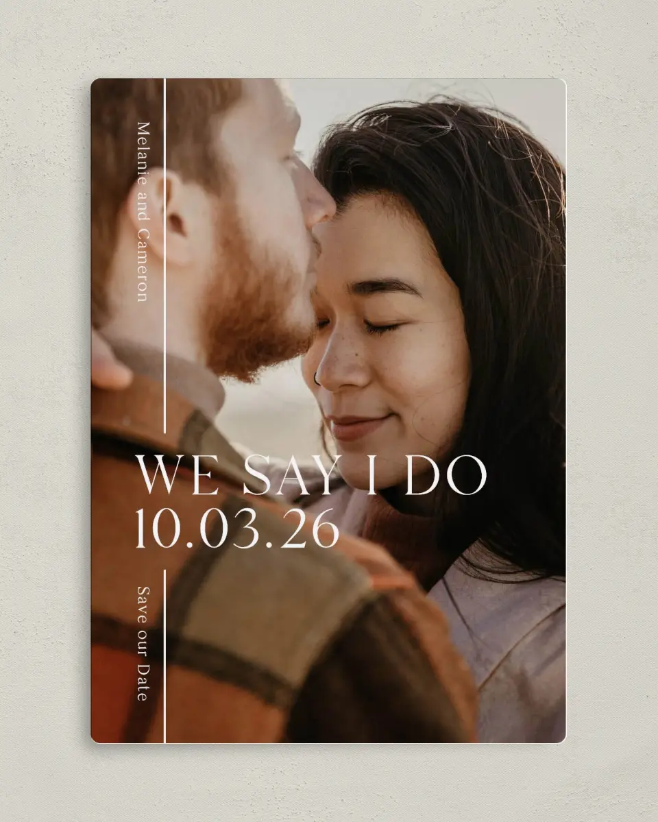 This is a 5" x 7" Save the Date Magnet called Fresh Line printed in full color with Silver foil and a Luxe Satin finish