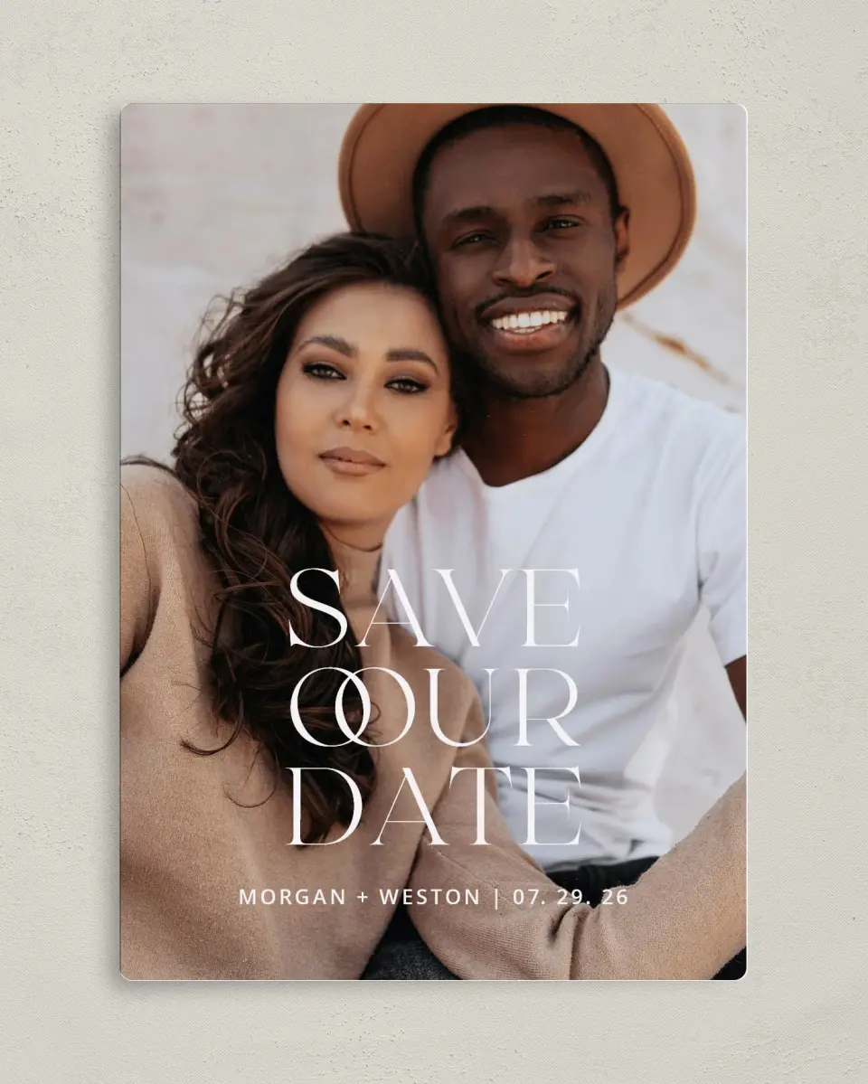 This is a 5" x 7" Save the Date Magnet called Pure Symbol printed in full color with Silver foil and a Luxe Satin finish