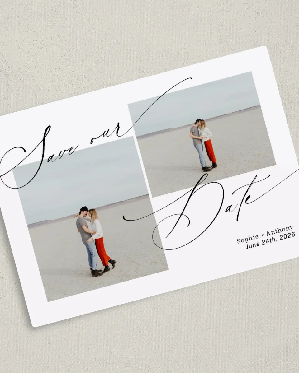 This is a 5" x 7" Save the Date Magnet called Graceful Script printed in full color with Silver foil and a Luxe Satin finish