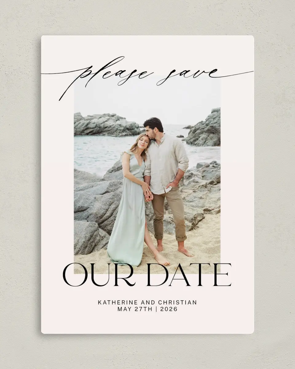 This is a 5" x 7" Save the Date Magnet called Connected Couple printed in full color with Rose Gold foil and a Luxe Satin finish