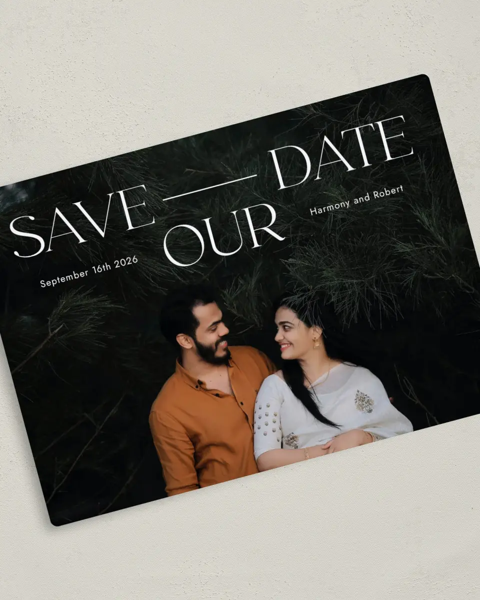 This is a 5" x 7" Save the Date Magnet called United in Love printed in full color with Silver foil and a Luxe Satin finish