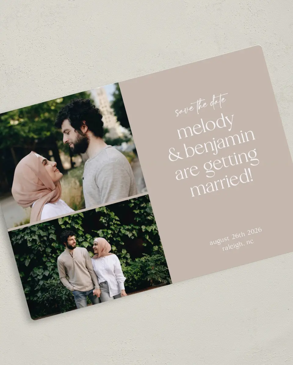 This is a 5" x 7" Save the Date Magnet called Pretty Plans printed in full color with Silver foil and a Luxe Satin finish