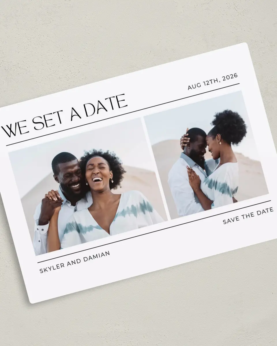 This is a 5" x 7" Save the Date Magnet called Savvy Set printed in full color with Silver foil and a Luxe Satin finish