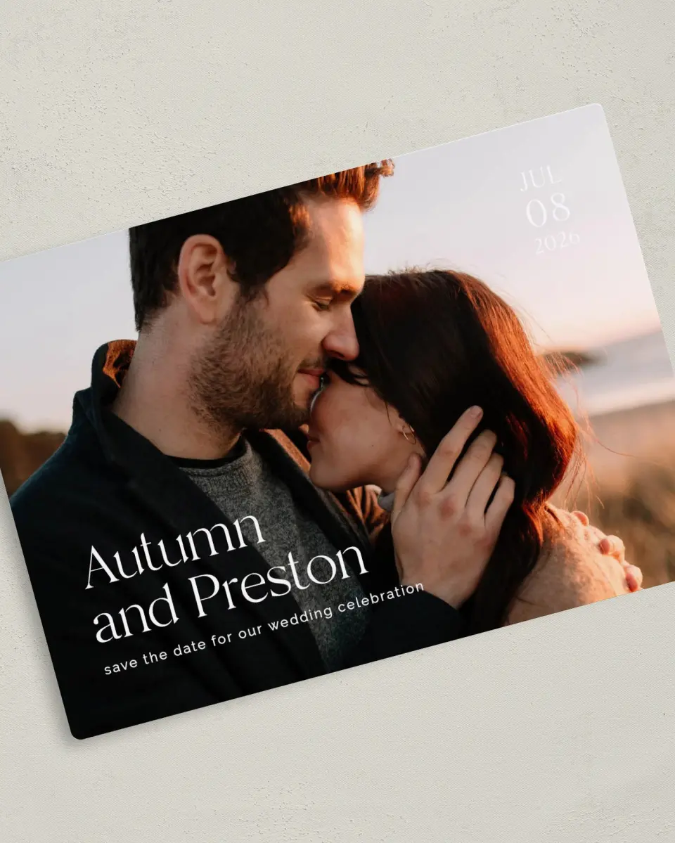 This is a 5" x 7" Save the Date Magnet called Strong Soul printed in full color with Silver foil and a Luxe Satin finish