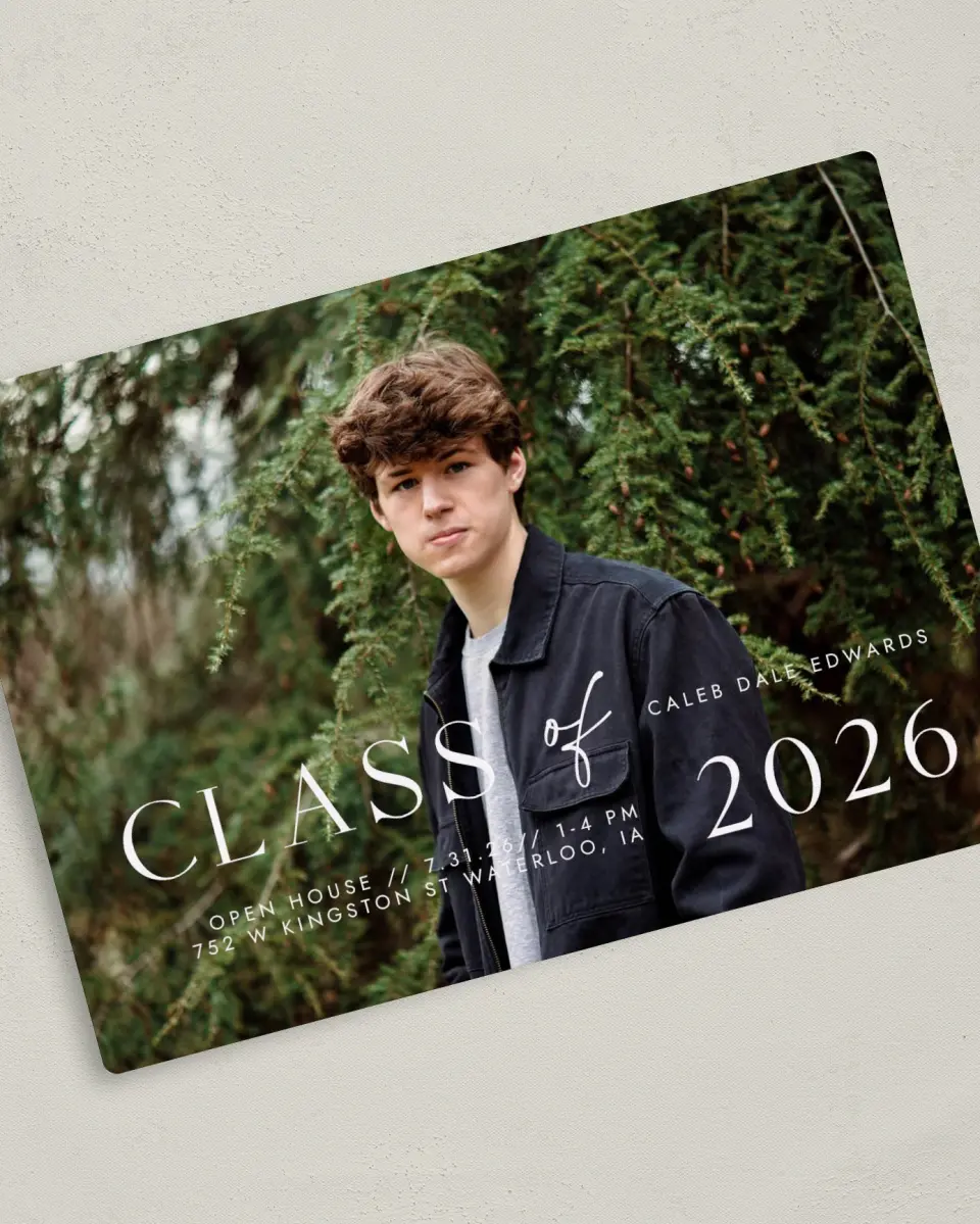 This is a 5" x 7" Graduation Announcement Magnet called New Start printed in full color with a Luxe Satin finish
