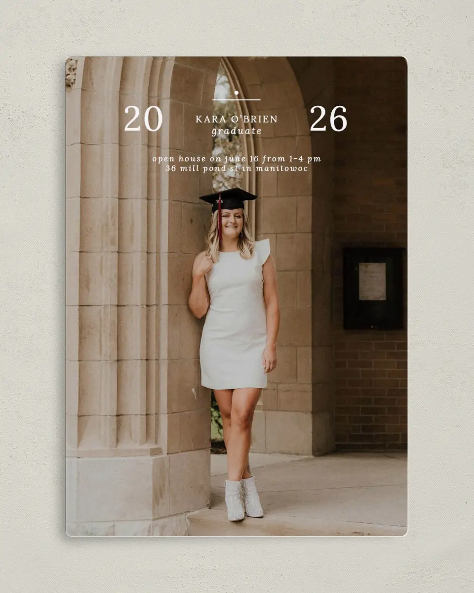 This is a 5" x 7" Graduation Announcement Magnet called Daring Dreams printed in full color with a Luxe Satin finish