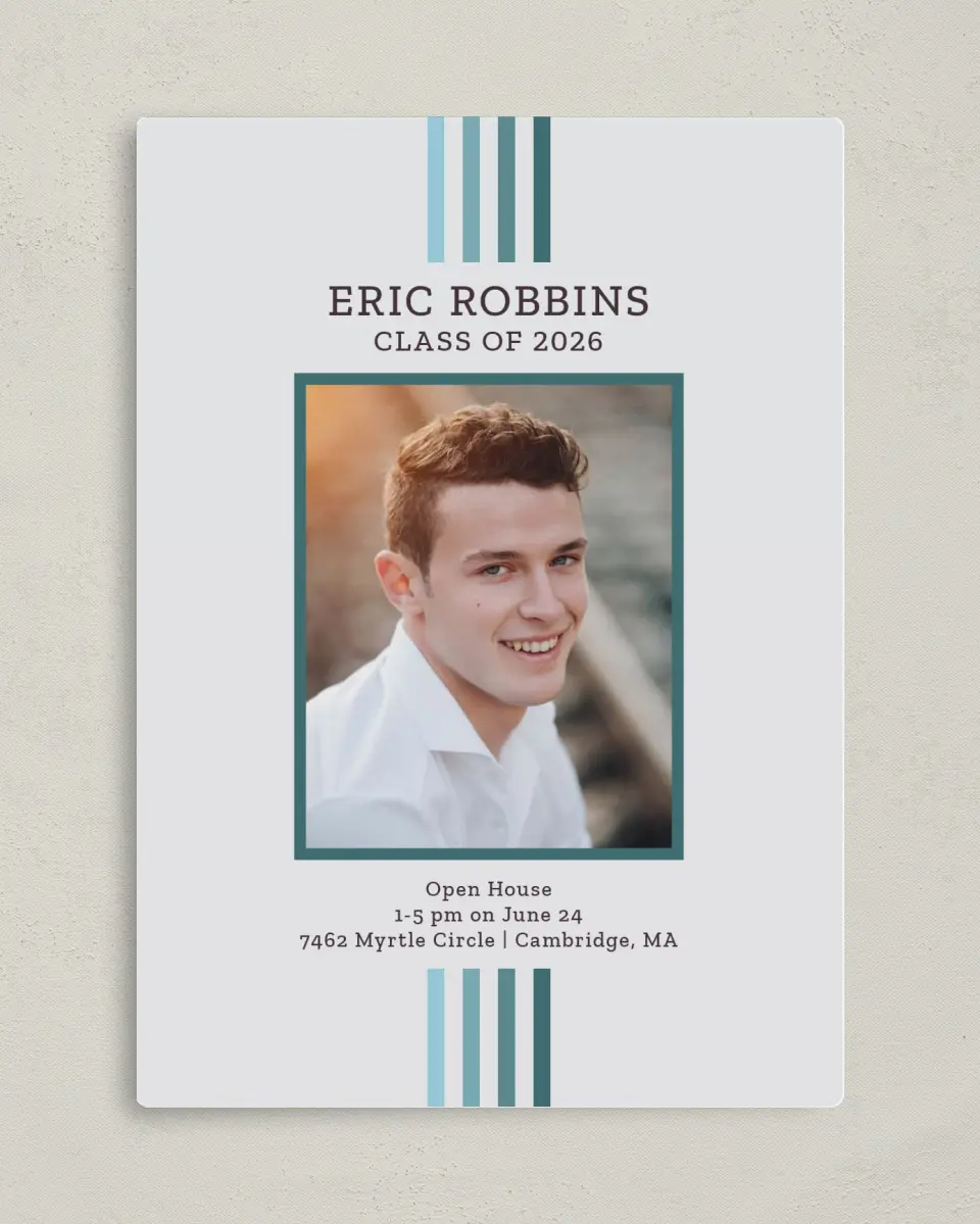 This is a 5" x 7" Graduation Announcement Magnet called Successful Stripes printed in full color with a Luxe Satin finish