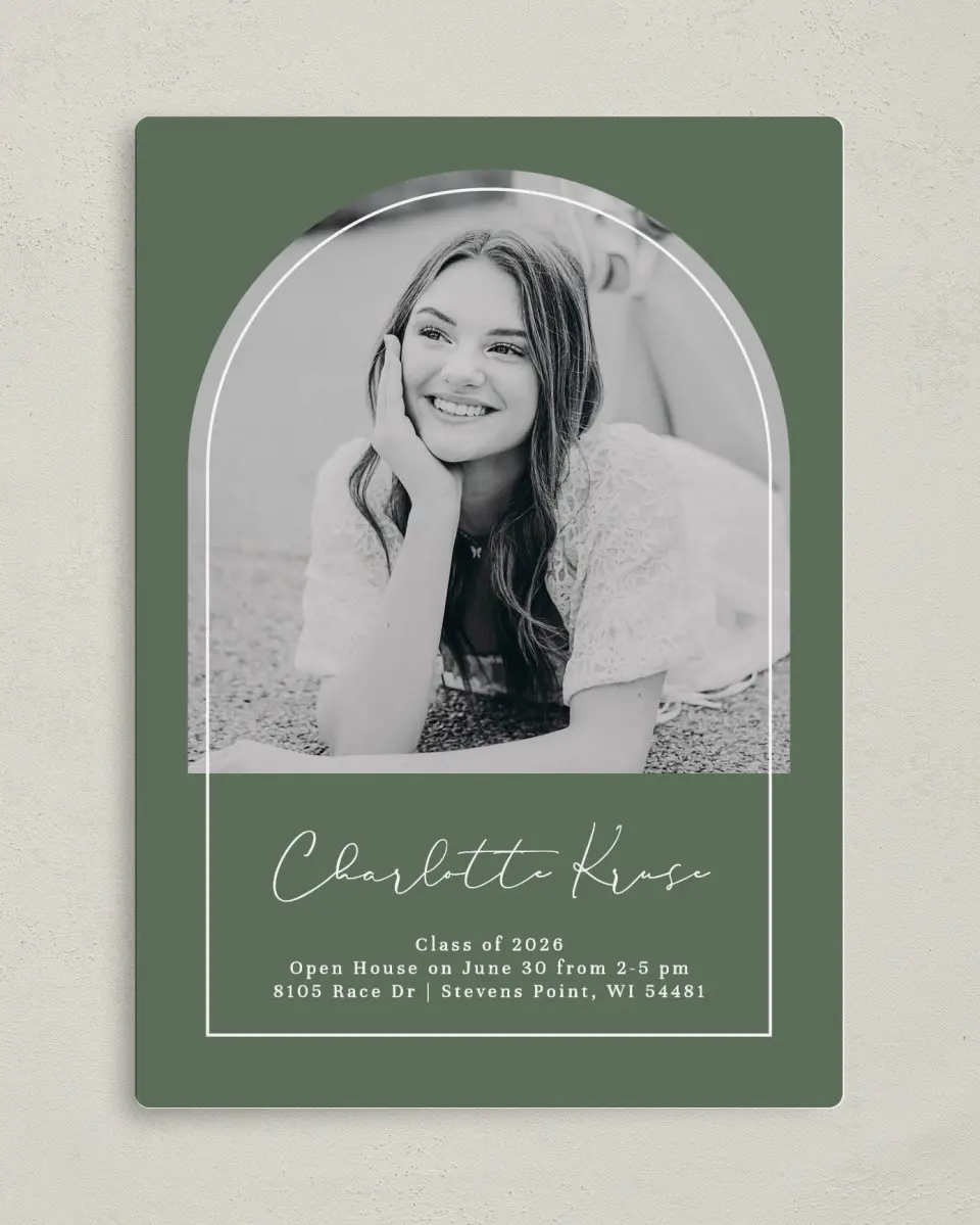 This is a 5" x 7" Graduation Announcement Magnet called Arched Frame printed in full color with a Luxe Satin finish