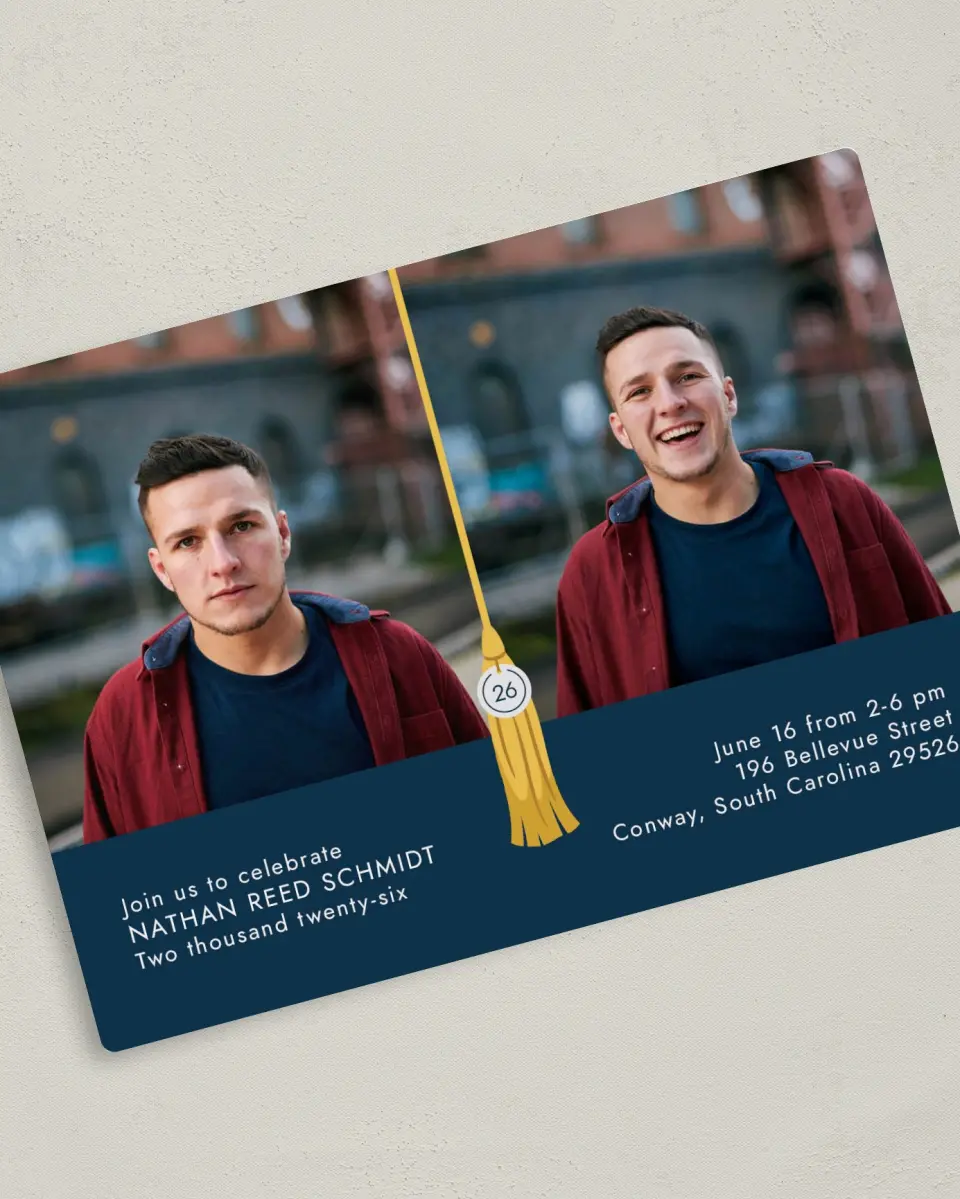 This is a 5" x 7" Graduation Announcement Magnet called Grad Tassel printed in full color with a Luxe Satin finish